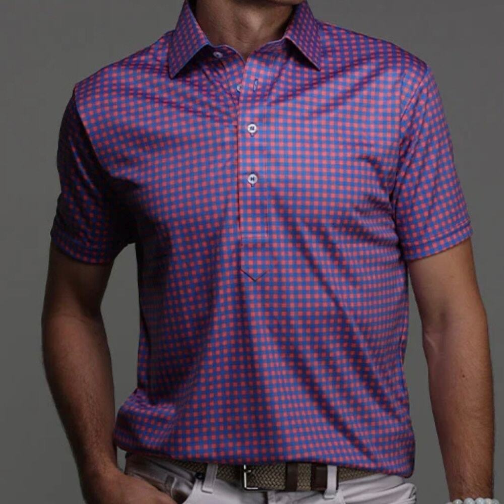 Collars & Co Semi Spread Collar Polo Shirt Men's Small Red Blue Gingham Preppy
